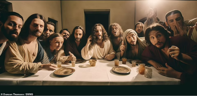 AI đã tạo bức ảnh Chúa Jesus đang nghe điện thoại còn các môn đồ thì chăm chú nhìn về phía màn hình. (Ảnh: Dailymail)