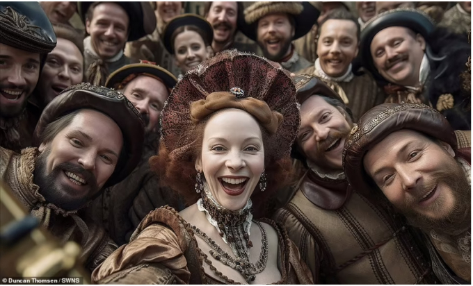 Bức ảnh selfie của nữ hoàng Elizabeth I và các cận thần do AI sáng tạo cho thấy một không khí rất vui vẻ. (Ảnh: Dailymail)