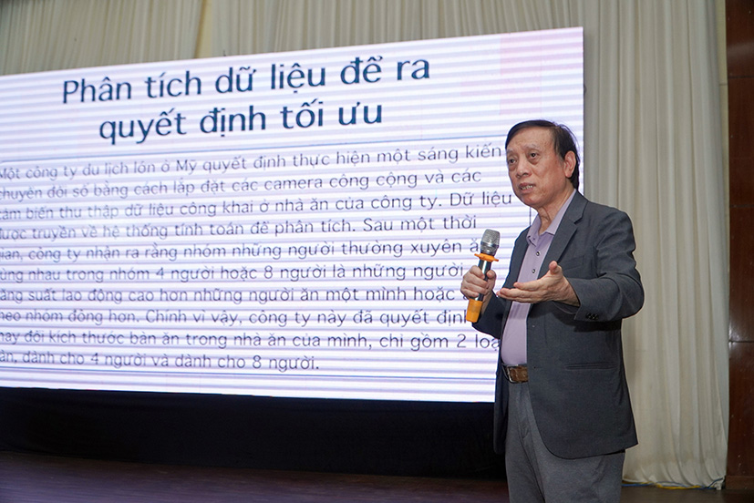 GS.TSKH Hoàng Văn Kiếm, nguyên Chủ tịch Hội đồng chức danh Giáo sư Nhà nước ngành Công nghệ thông tin giới thiệu chuyên đề chuyển đổi số và ứng dụng trí tuệ nhân tạo trong sản xuất, kinh doanh.